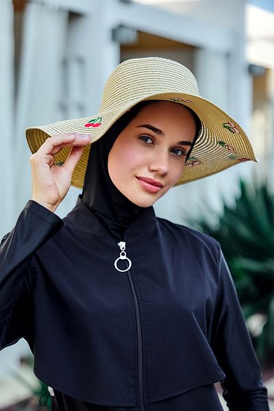 Remsa Mayo Cherry Embroidered Straw Hat Beach Hat 2115 Beige
