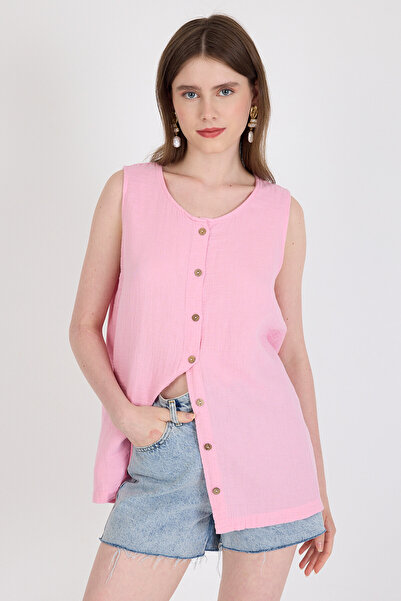 Rays Αμάνικη μπλούζα με ροζ λινό 100% βαμβακερό κουμπί 4808A