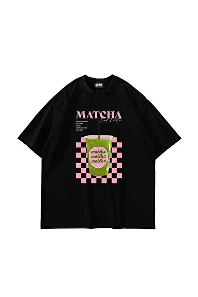 Bak Moda Tricou negru oversize unisex cu imprimeu Matcha Iced Latte