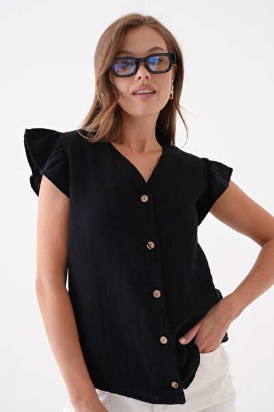 saint majesta Bluză din muselină, 100% bumbac, cu decolteu în V, cu volanat c...