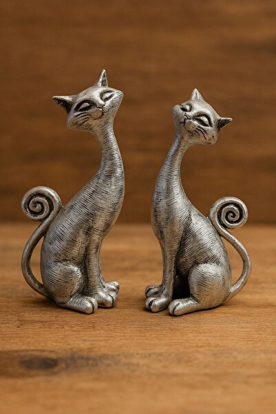 Doremcy 2’li Dekoratif Kedi Biblo Seti – Gold, Bronz, Gümüş, Krem RenkliPolyester Döküm Ev ve ofis