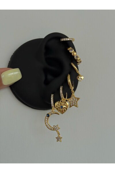 h&b design jewel Çelik Gold Hilal Detay 6 Lı Küpe Seti