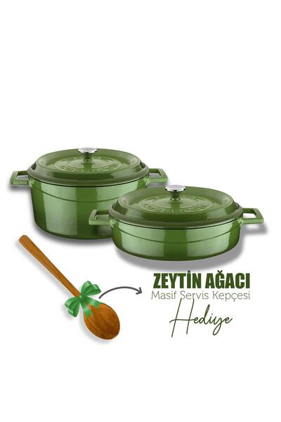 Organik Hayat Dostu Lava Casting Round Deep and Shallow 5 Piece Pot Set with Wooden Spoon Gift