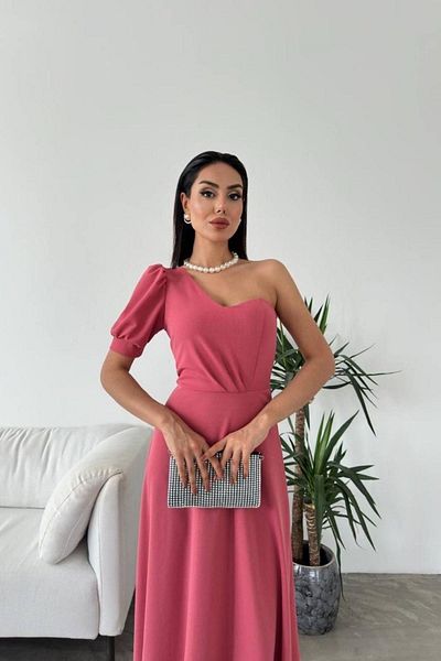 Mossta One Shoulder Balloon Sleeves Long Evening Dress - Pink