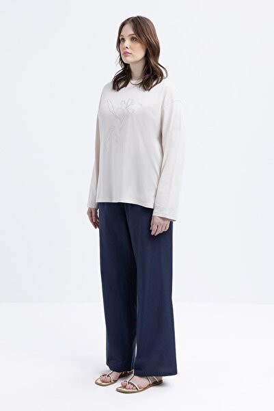 ALLDAY Μπεζ-φλοράλ κεντημένο μακρυμάνικο μπλουζάκι μεγάλου μεγέθους