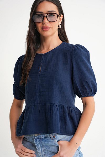 Mixray 4713 Women's Gathered Waist Sleeve Elastic Loose Muslin Blouse Navy Blue