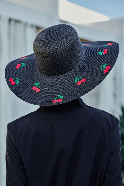 Remsa Mayo Cherry Embroidered Straw Hat Beach Hat 2115 Black