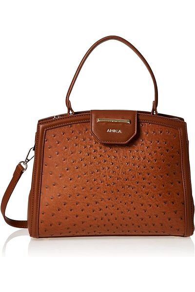 AMICA Beronia Women’s Ostrich Textured Leather Satchel Handbag with Detachable Shoulder Strap