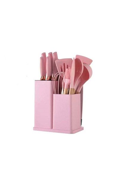 huitich 19-Piece Pink Silicone Kitchen Utensil Set with Wooden Handles and Knife Set