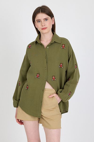 Rays Cămașă brodată cu ursuleț de pluș 100% bumbac aspect kaki 4798A