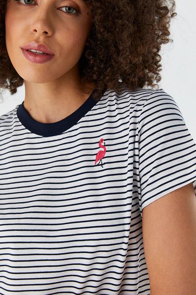 Shopping Shop Striped Flamingo Embroidered T-Shirt Laci