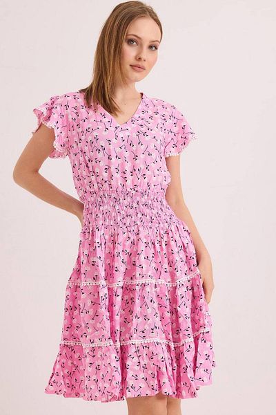 EL jadida Women's Patterned Plus Size Pompom Mini Dress Pink