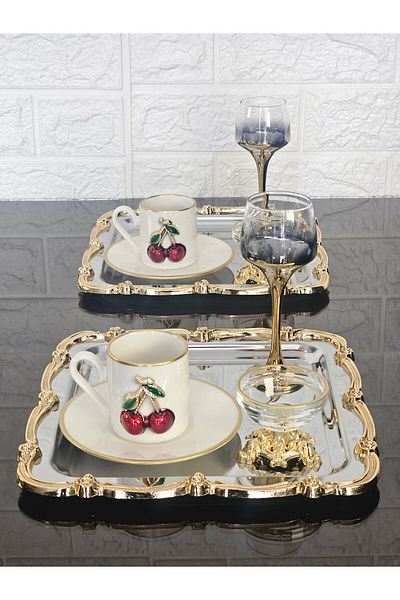 atabey home collection 2 قطعة صينية عرض بإطار وردي وشريط ذهبي وصينية فضية