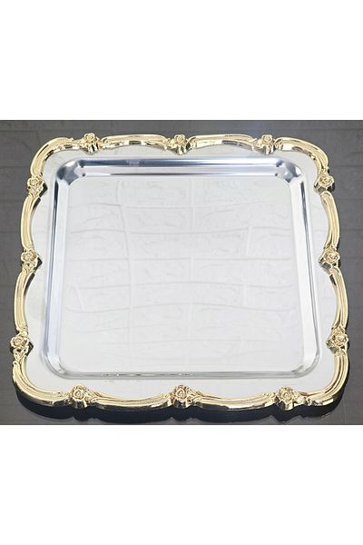 atabey home collection 2 قطعة صينية عرض بإطار وردي وشريط ذهبي وصينية فضية