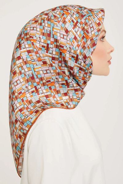 Armine Nostalgia Series Twill Silk Scarf 9004D-07 Geometric Pattern Baby Blue-Tile