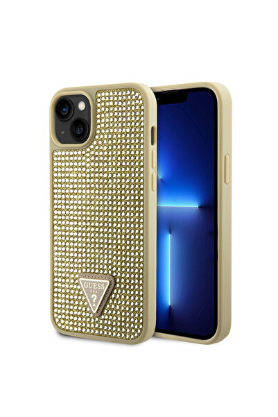Guess iPhone 14 Uyumlu Kılıf Guess Lisanslı Taşlı Arka Yüzey Üçgen Logolu Kap...