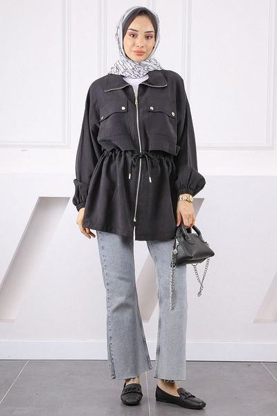 İmajButik Μαύρο μπουφάν με διπλή τσέπη με δέσιμο στη μέση