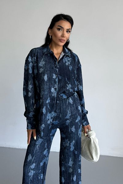 Ladima Women's Navy Blue Leaf Effect Crinkle Shirt Pants Bottom Top Set