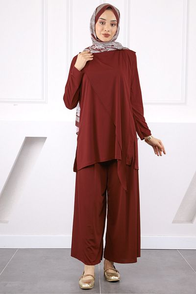 İmajButik Burgundy Front Detailed Sandy Tunic Trousers Set