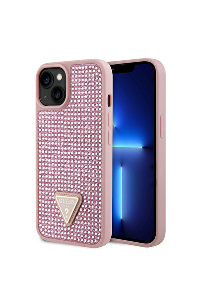 Guess iPhone 15 Uyumlu Kılıf Guess Lisanslı Taşlı Arka Yüzey Üçgen Logolu Kapak Pembe