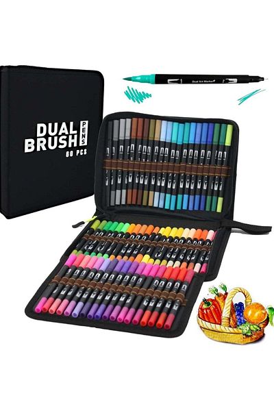 huitich 60 Pcs Dual Brush Pens Set with Zipper Case for Drawing and Coloring