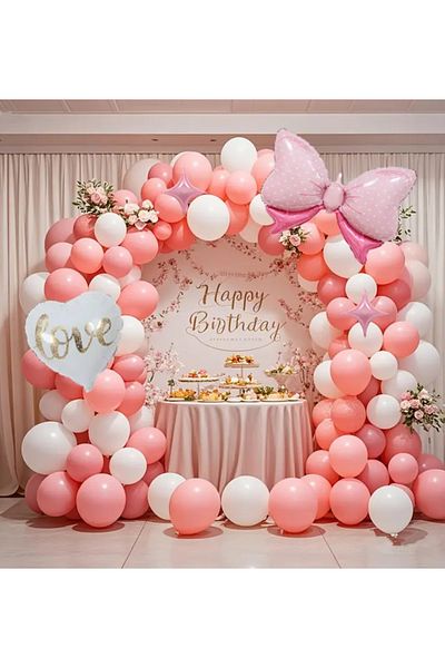 Çemrek Süs Parti Pink White Balloon Chain Set with Pink Bow Foil Balloons 101 Pcs