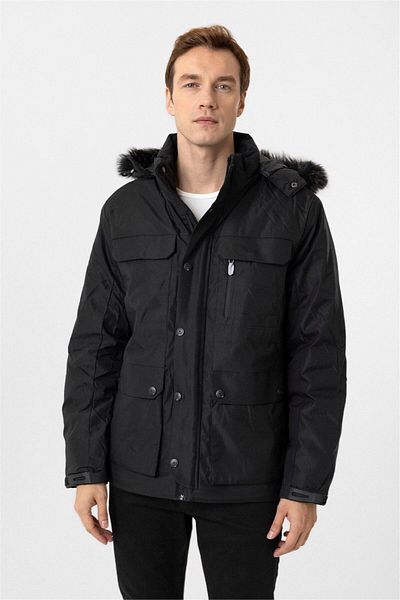 SÜVARİ Regular Fit Hooded Black Coat
