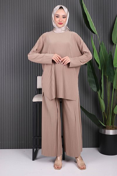 İmajButik Mink Pleated Sandy Tunic Trousers Set