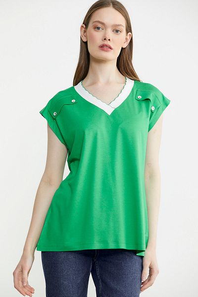 Sementa Knitwear Collar Combination Combed Cotton T-Shirt - Green