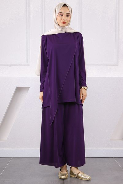 İmajButik Purple Front Detailed Sandy Tunic Trousers Set