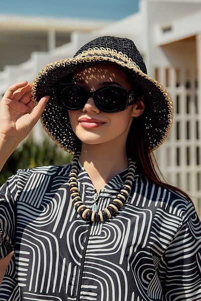 Remsa Mayo Two Color Stripe Hand Knitted Straw Hat Beach Hat Rş-102 Black Beige 2099