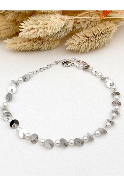 Siya Silver Steel Anklet with Sequin Pearl