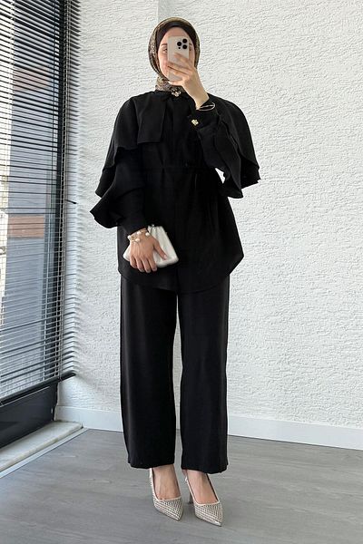 MELEK ARAZ Sleeve Ruffle Detail Tunic Trousers Set - Black