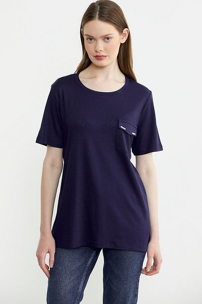 Sementa Tricou din bumbac pieptănat cu decolteu O cu detaliu de buzunar - bleumarin