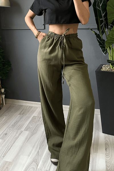 COOL TARZ Khaki Wide Leg Muslin Women's Trousers