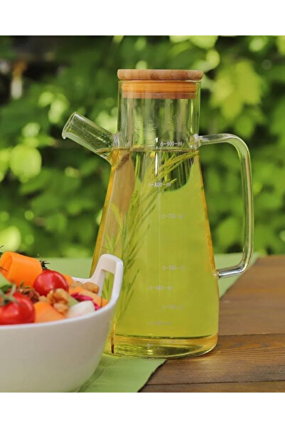 Flash Bazaar Glass Oil Pot with Bamboo Lid Vacuum Wooden Stand Vinegar Bottle Olive Oil Bottle Oil Container 900 ml Set of 3