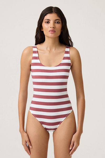 Los Ojos Costum de baie sport cu decolteu în U cu dungi roșu-alb Sporty One Piece