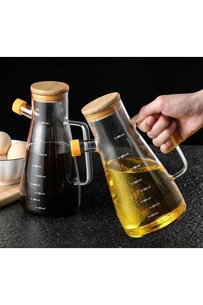 Flash Bazaar Glass Oil Pot with Bamboo Lid Vacuum Wooden Stand Vinegar Bottle Olive Oil Bottle Oil Container 900 ml Set of 3