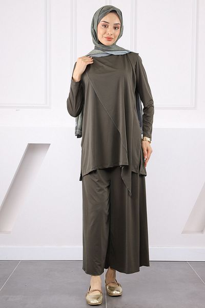 İmajButik Khaki Front Detailed Sandy Tunic Trousers Set