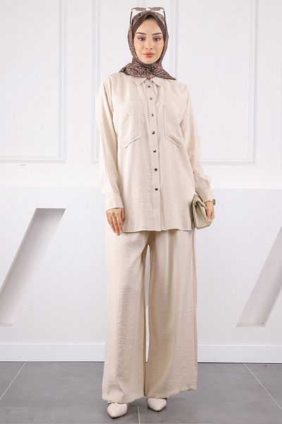 İmajButik Μπεζ Σετ Παντελόνι Modal με Τσέπες
