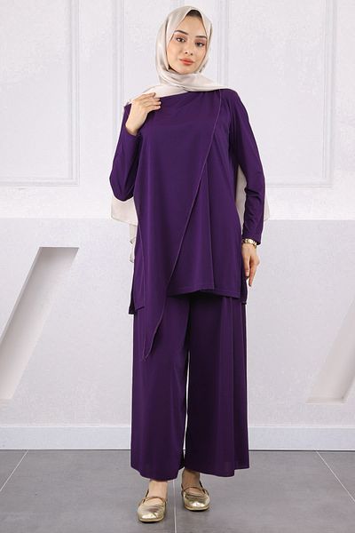 İmajButik Purple Front Detailed Sandy Tunic Trousers Set