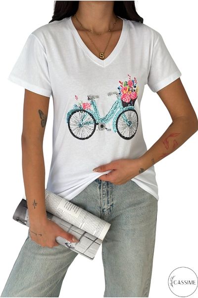 Cassime Tricou pentru femei, culoare albastră, cu paiete, brodat, 100% bumbac, cu decolteu în V, S-M-L