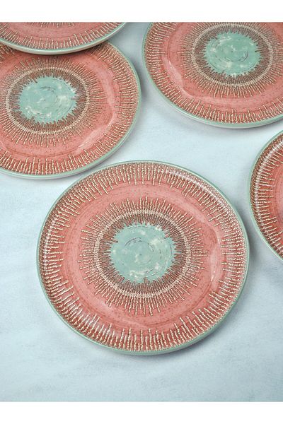 Qualitev 6-Piece Patterned Ceramic Cake Plate Dessert Presentation Plate 21 Cm-Pinko