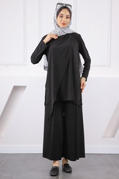 İmajButik Black Front Detailed Sandy Tunic Trousers Set