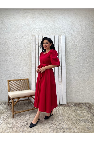 KÜÇÜĞÜM BUTİK Red Big Bow Square Neck Flared Poplin Dress