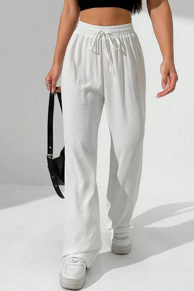 Tarz Cool White Wide Leg Muslin Women's Trousers