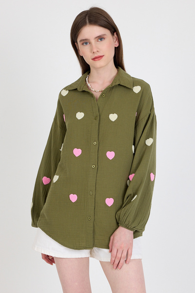 Rays Риза от 100% памук с бродерия във формата на сърце в цвят каки 4797A