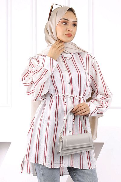 İmajButik Burgundy Stone Detailed Striped Tunic
