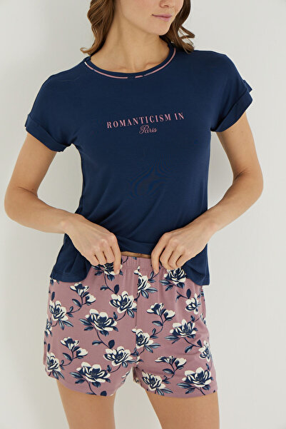 İPEKTENİM Шорти з принтом, складні рукави, деталізовані квітковим візерунком, піжамний комплект
