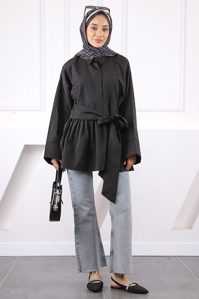 İmajButik Black Waist Belted Tunic